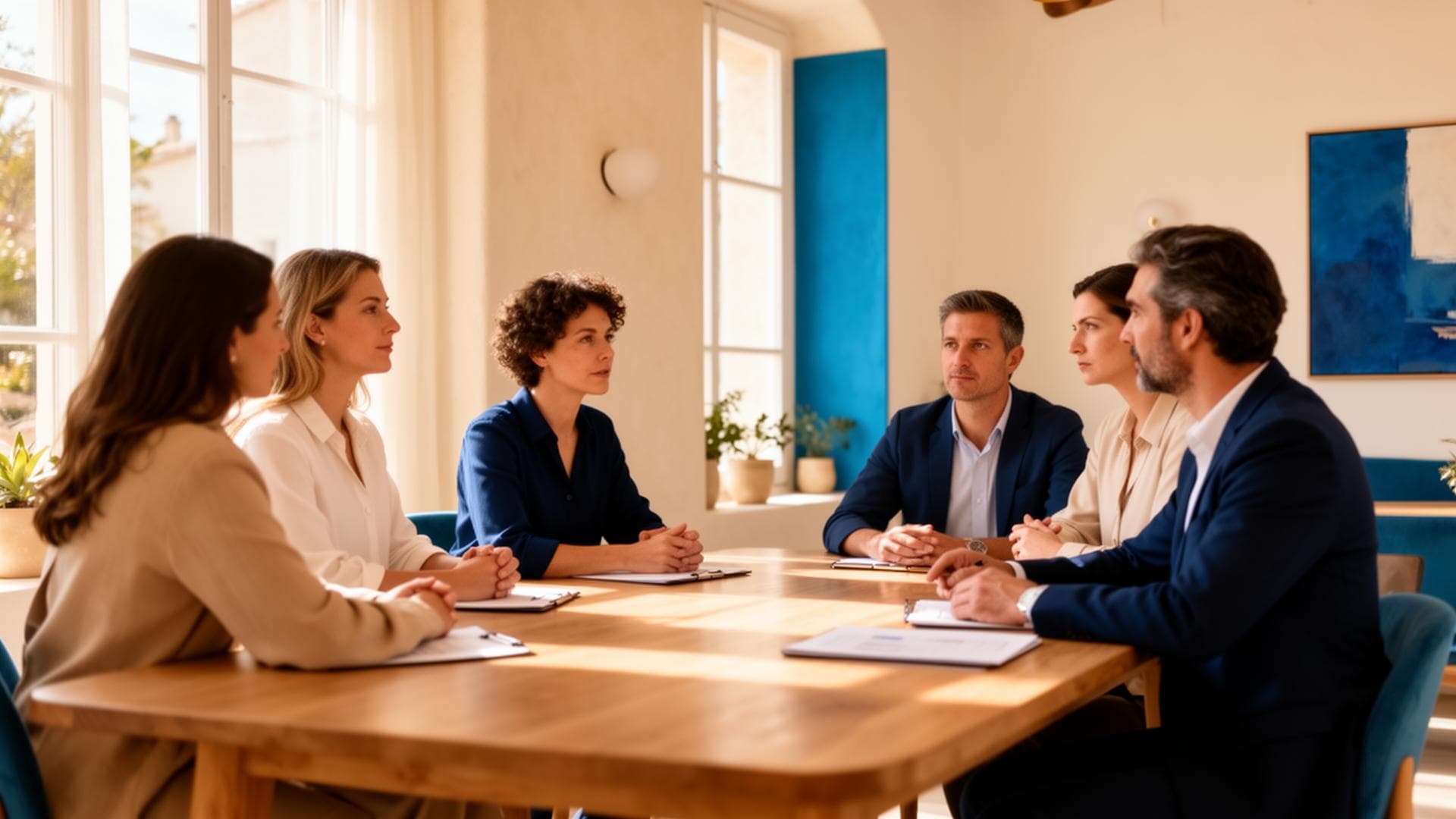 Équipe en réunion de formation professionnelle dans une salle lumineuse