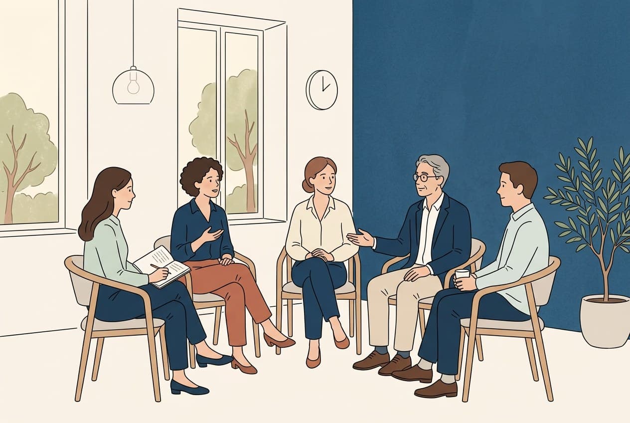 Illustration d'une séance de supervision professionnelle dans un cabinet calme
